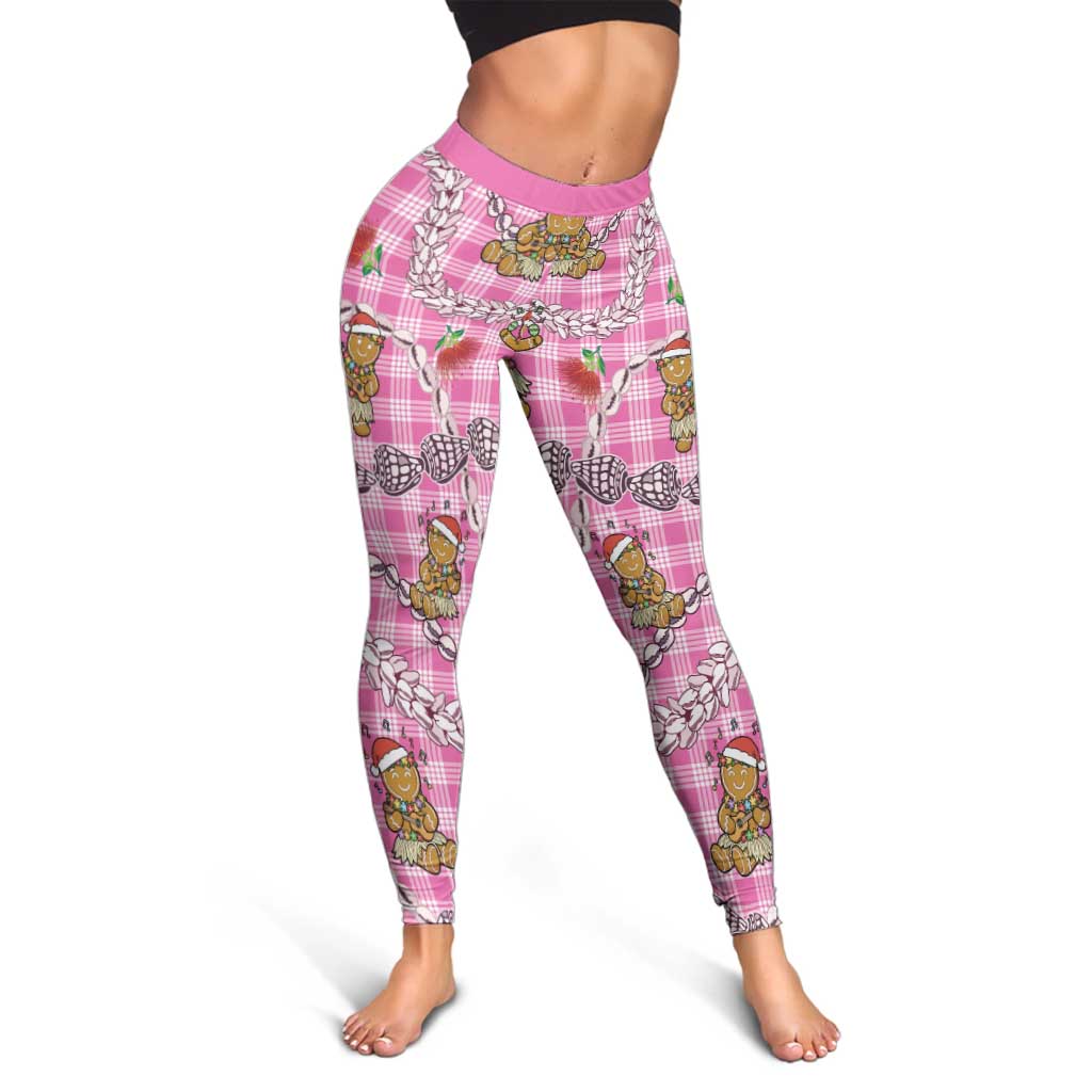 Pink Palaka Hawaii Mele Kalikimaka Leggings Ohia Lehua Shell Leis Funny Gingerbread Santa - Polynesian Pride