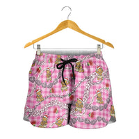 Pink Palaka Hawaii Mele Kalikimaka Shorts for Women Ohia Lehua Shell Leis Funny Gingerbread Santa LT14 - Polynesian Pride