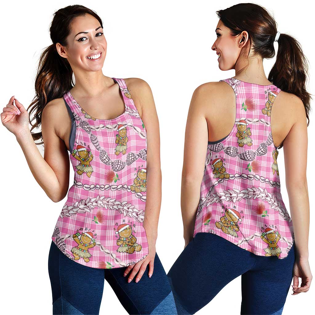 Pink Palaka Hawaii Mele Kalikimaka Women Racerback Tank Ohia Lehua Shell Leis Funny Gingerbread Santa LT14 - Polynesian Pride