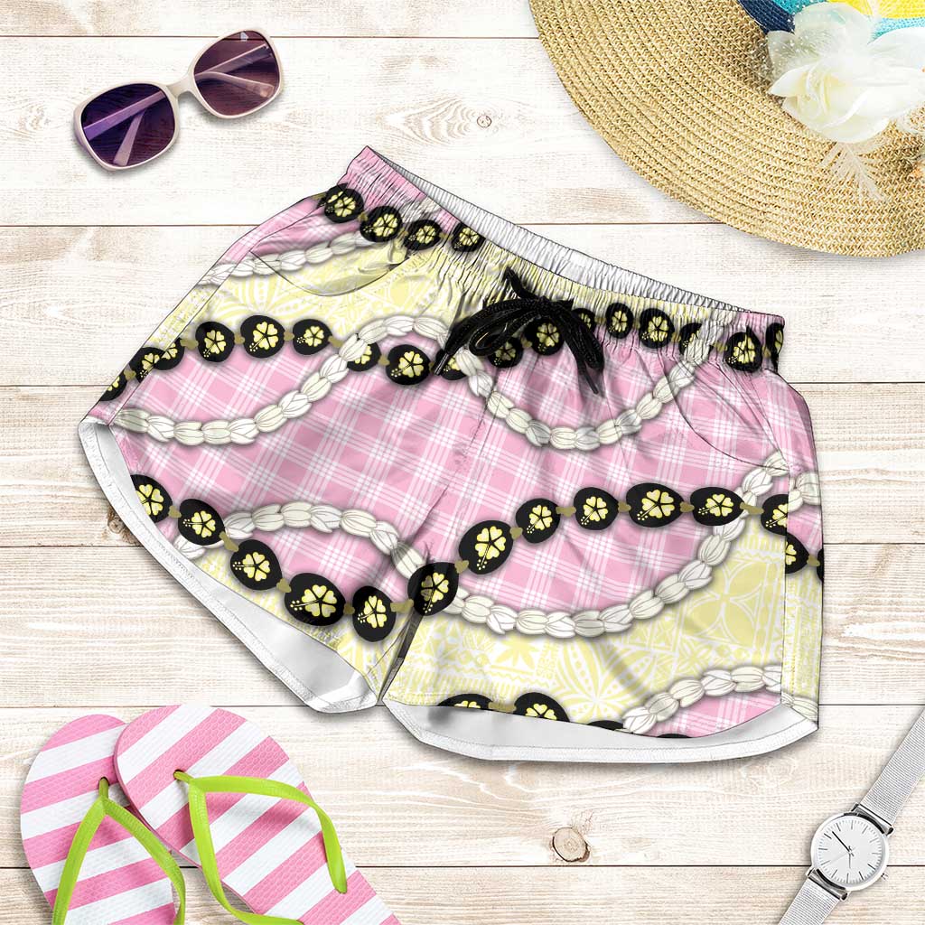 Pink Palaka Hawaii Shorts for Women Kukui Nut Pikake Lei Hawaiian Tapa Pattern - Polynesian Pride