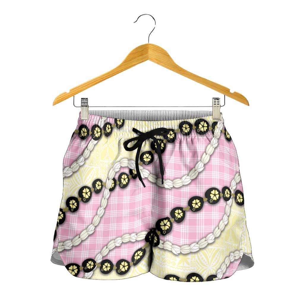 Pink Palaka Hawaii Shorts for Women Kukui Nut Pikake Lei Hawaiian Tapa Pattern - Polynesian Pride