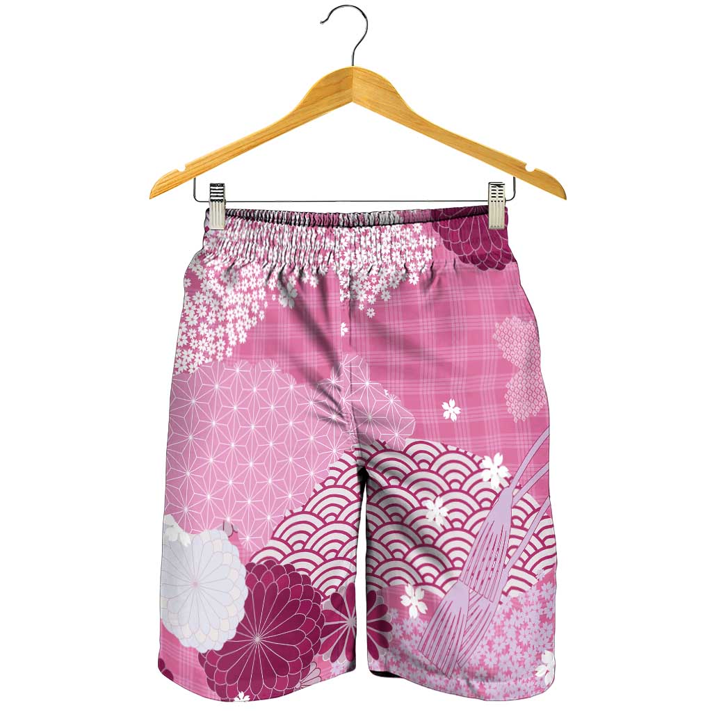 Pink Palaka Japanese Traditional Shorts for Men Asanoha Seigaiha Sakura Motif - Polynesian Pride