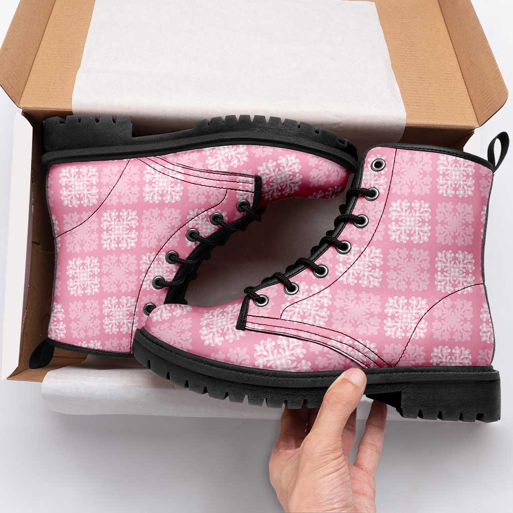 Pink Palaka Quilt Hawaii Leather Boots Traditional Hawaii-plaid Pattern - Polynesian Pride