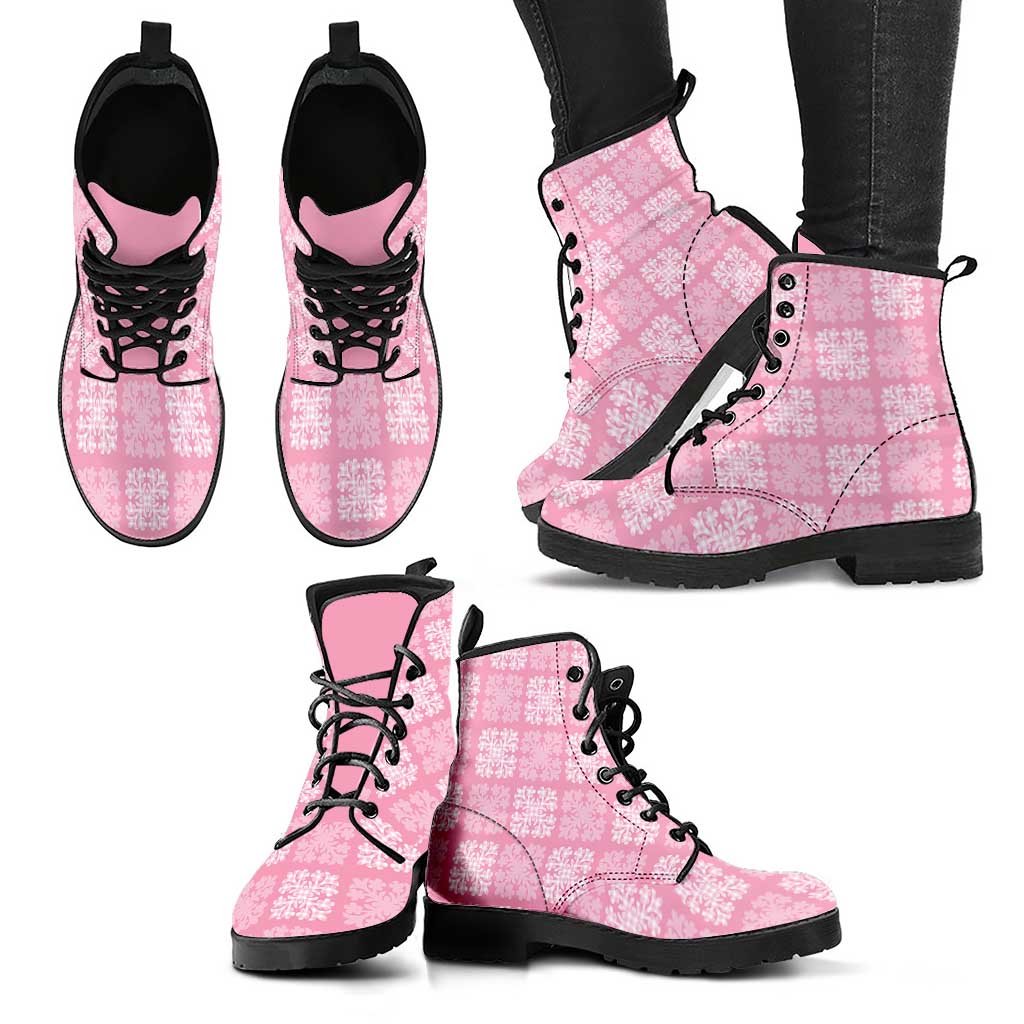 Pink Palaka Quilt Hawaii Leather Boots Traditional Hawaii-plaid Pattern - Polynesian Pride