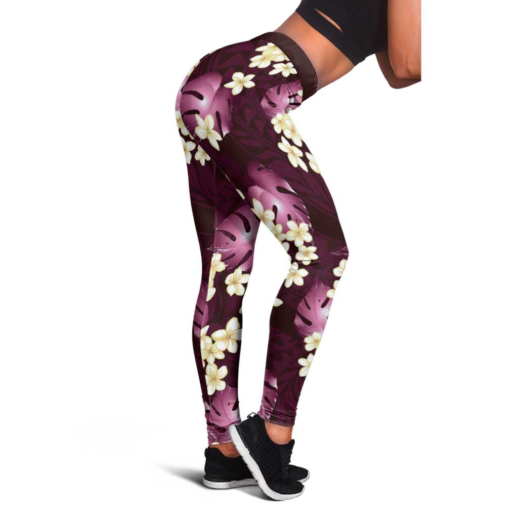 Pink Tropical Hawaii Leggings Seamless Monstera Plumeria Hawaiian Pattern - Polynesian Pride