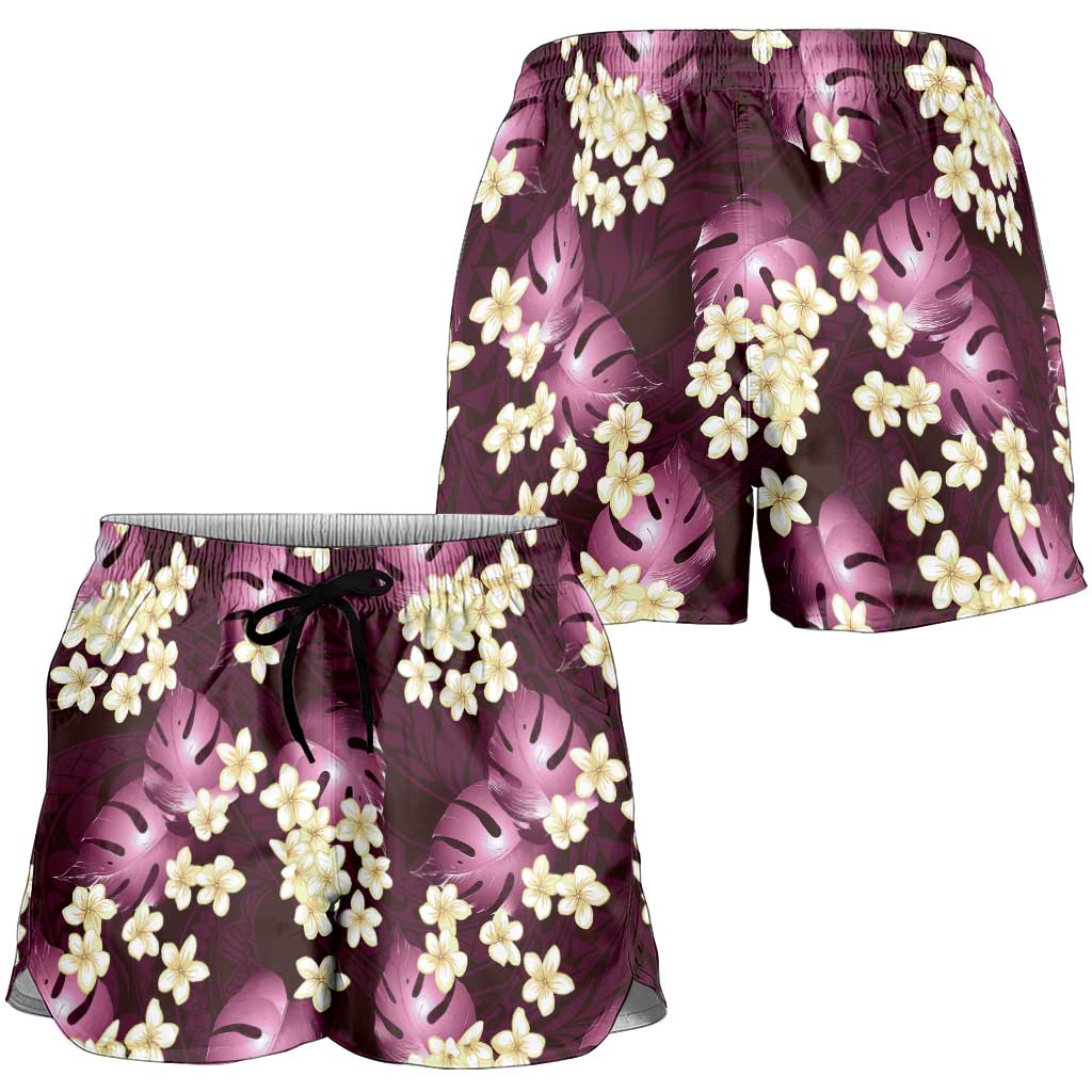 Pink Tropical Hawaii Shorts for Women Seamless Monstera Plumeria Hawaiian Pattern - Polynesian Pride