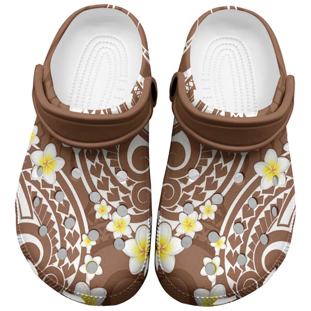 Plumeria With Brown Polynesian Tattoo Pattern Clogs Shoes - Polynesian Pride