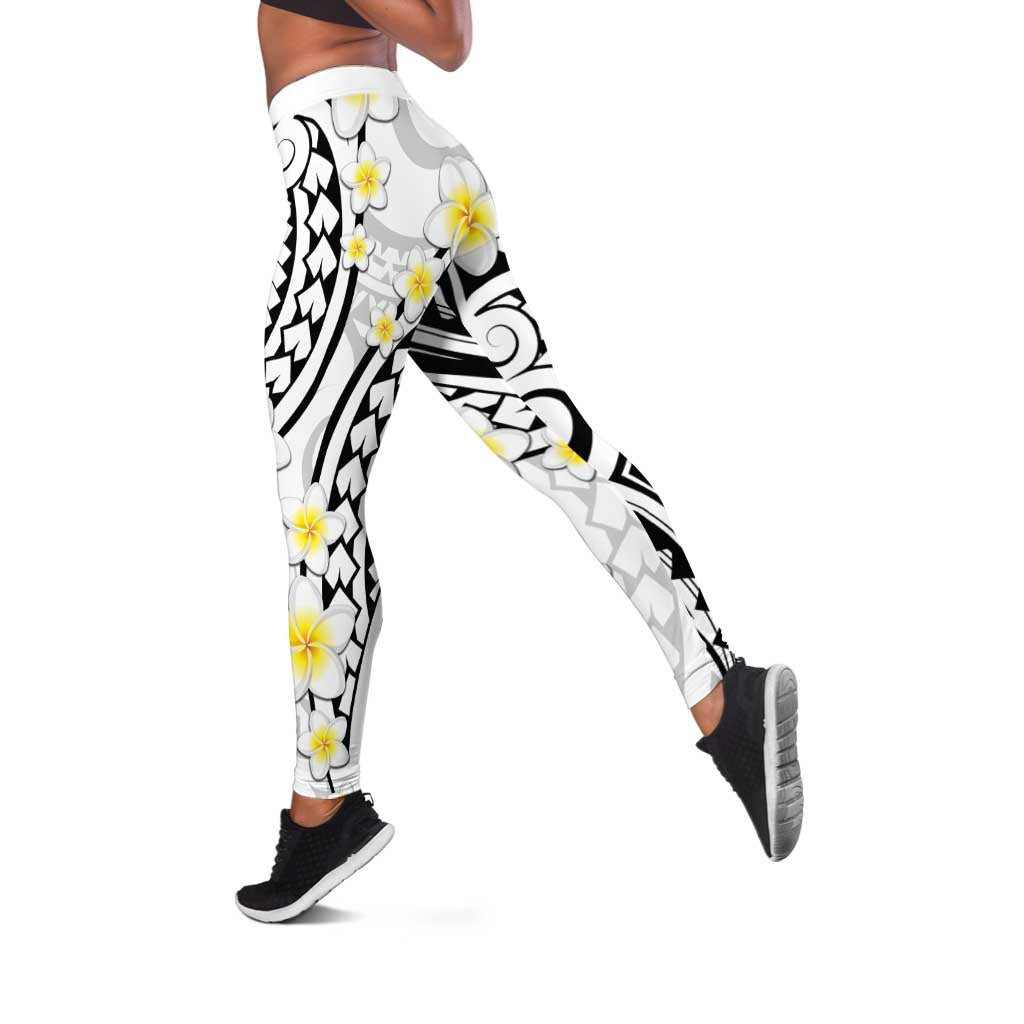 Plumeria With White Polynesian Tattoo Pattern Leggings LT05 White - Polynesian Pride