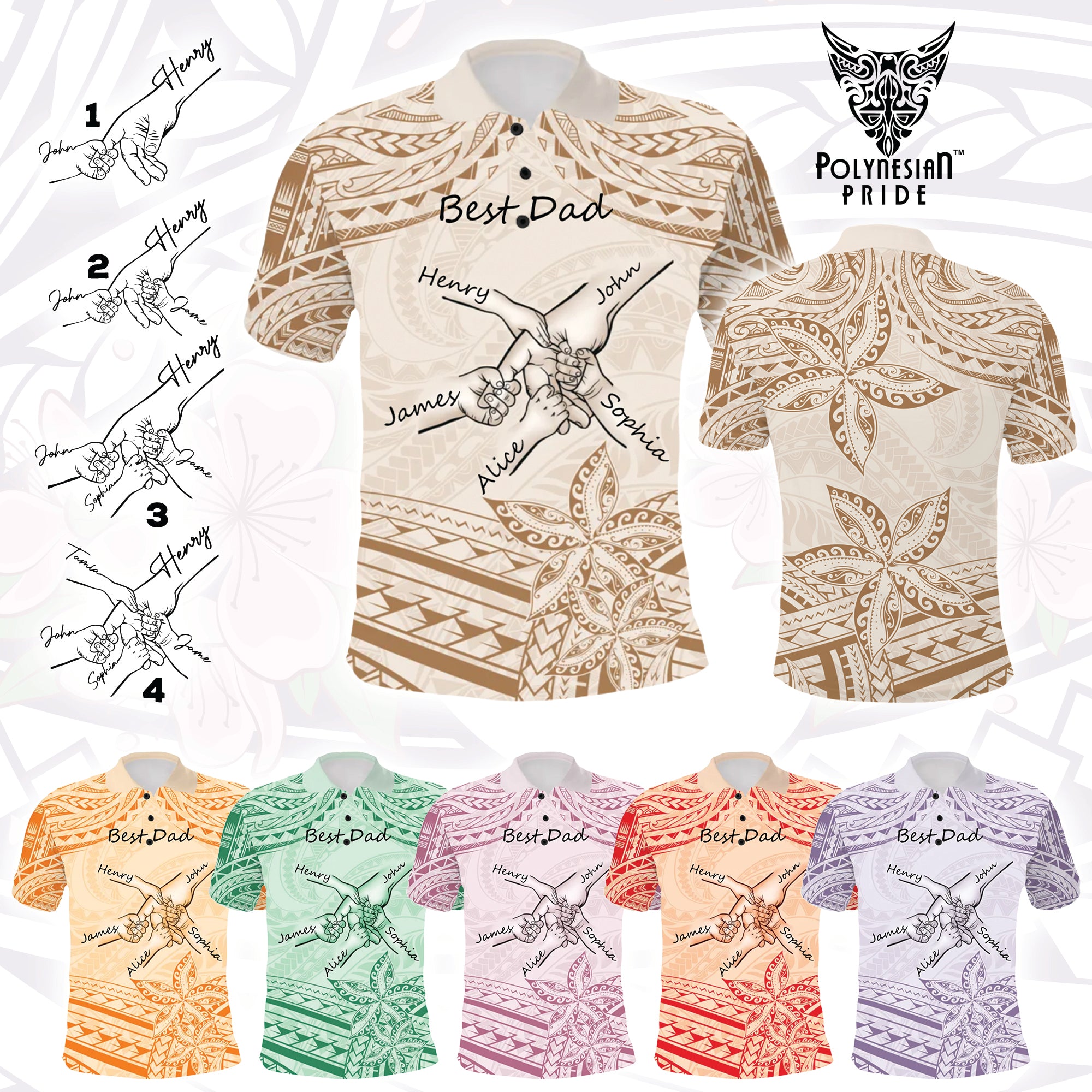 Custom Father's Day Fist Bump Dad and Baby Hands Holding Polo Shirt - Plumeria Floral Tribal Tattoo Unique CTM09