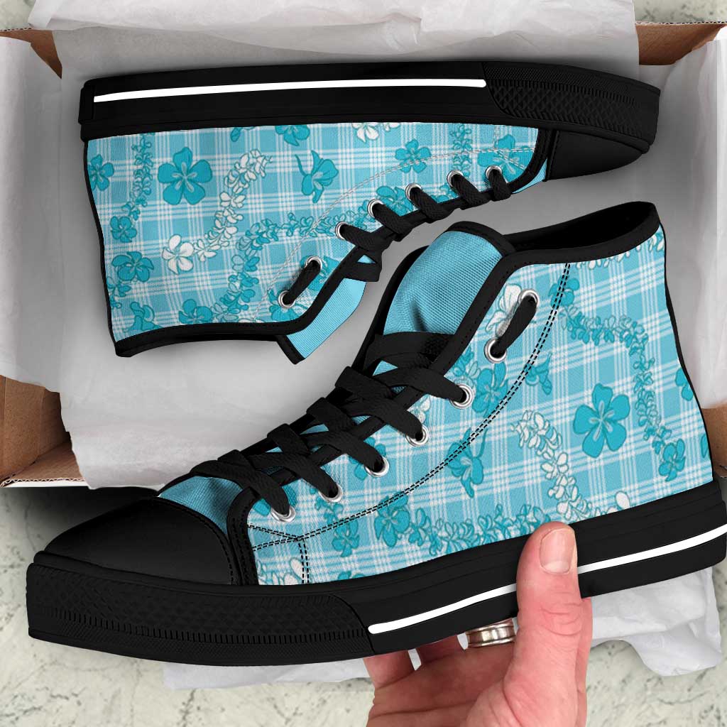 Polu Aloha Hawaii High Top Shoes Plumeria Lei With Palaka Motif LT14 Blue - Polynesian Pride