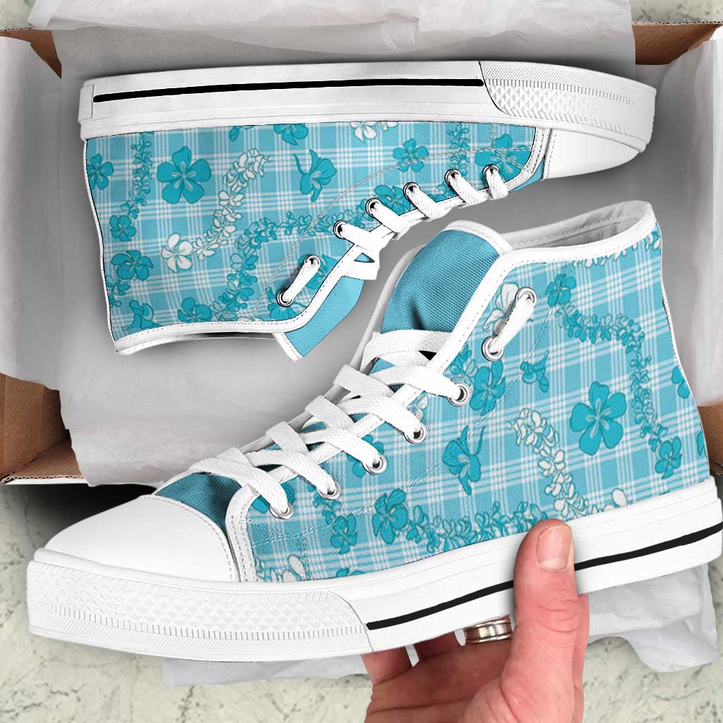 Polu Aloha Hawaii High Top Shoes Plumeria Lei With Palaka Motif LT14 Blue - Polynesian Pride