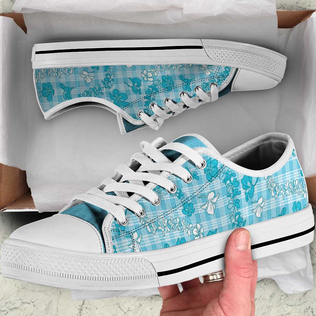Polu Aloha Hawaii Low Top Shoes Plumeria Lei With Palaka Motif LT14 Blue - Polynesian Pride