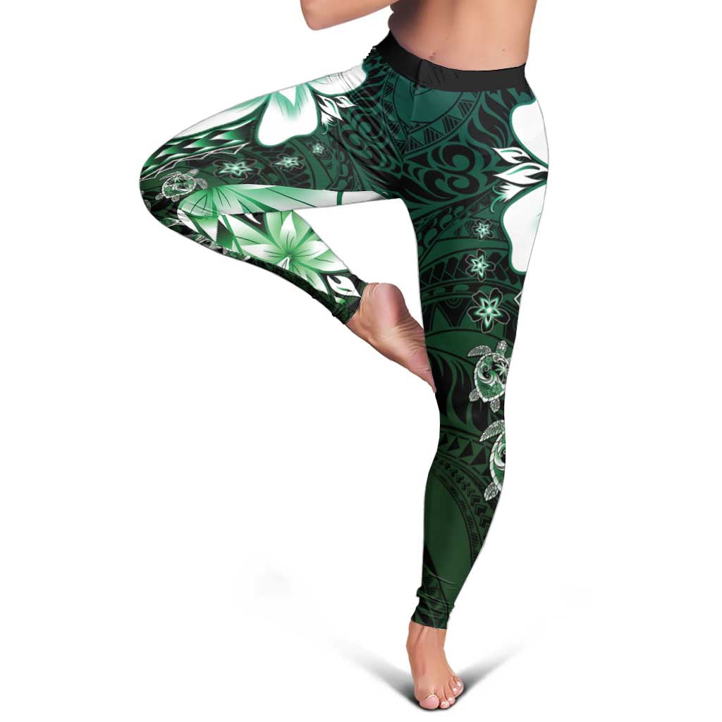 Polynesia Romantic Valentine Leggings Sea Turtle Couple With Aqua Gradient Plumeria LT05 - Polynesian Pride