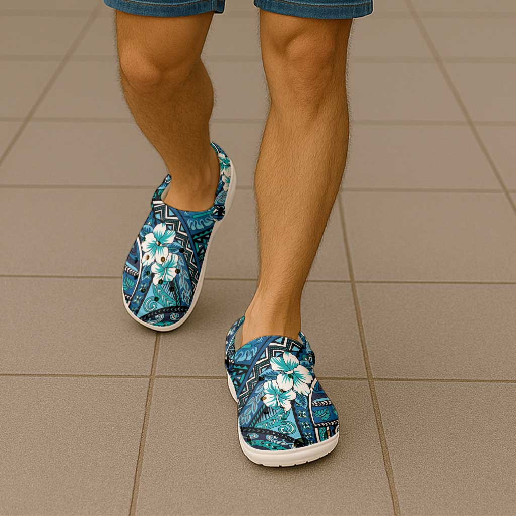 Polynesian Hibiscus Tropical Blue Floral Clogs Shoes Tribal Pattern - Polynesian Pride