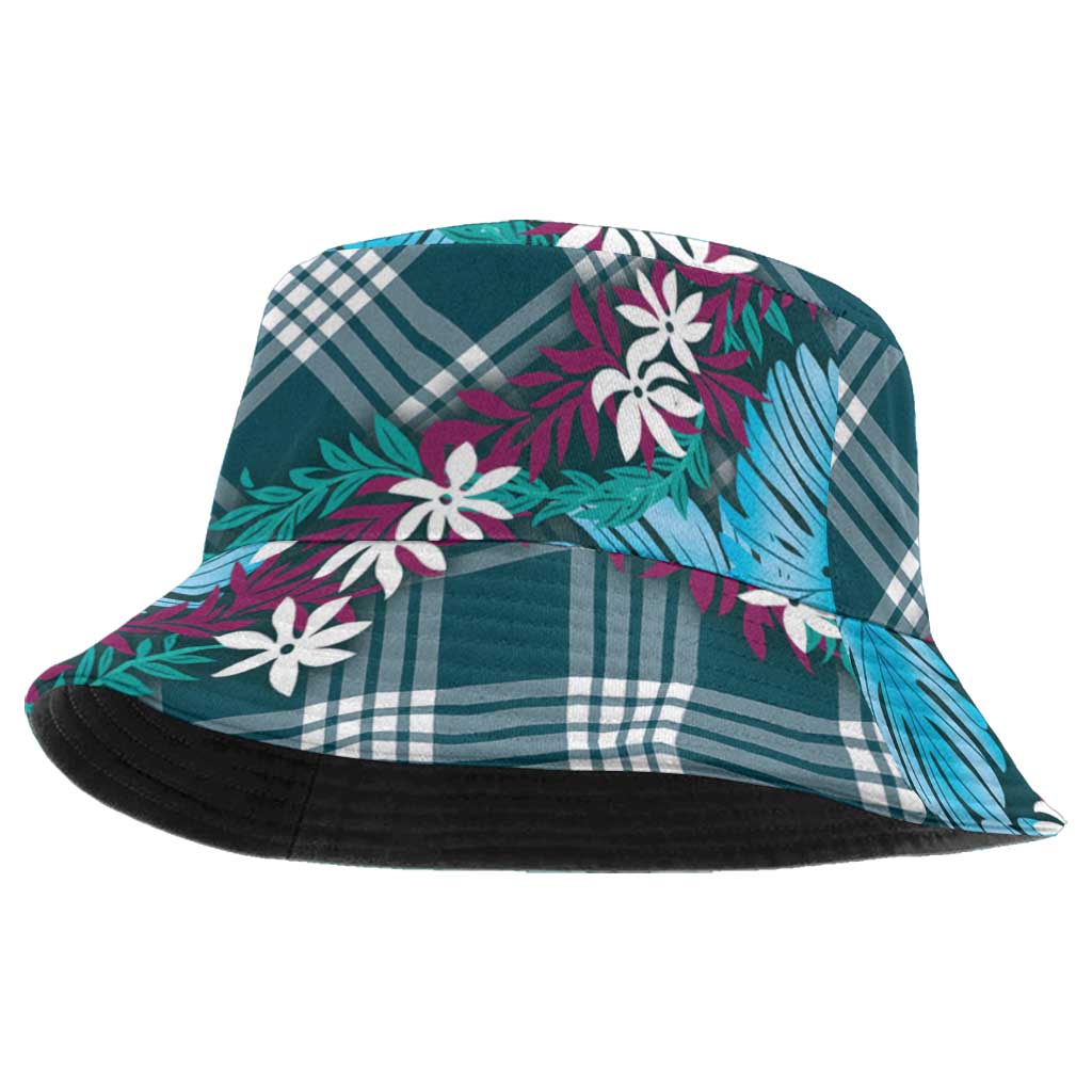 Polynesian Monstera Tiare Floral Bucket Hat Dark Teal Tropical Plaid - Polynesian Pride