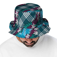 Polynesian Monstera Tiare Floral Bucket Hat Dark Teal Tropical Plaid - Polynesian Pride