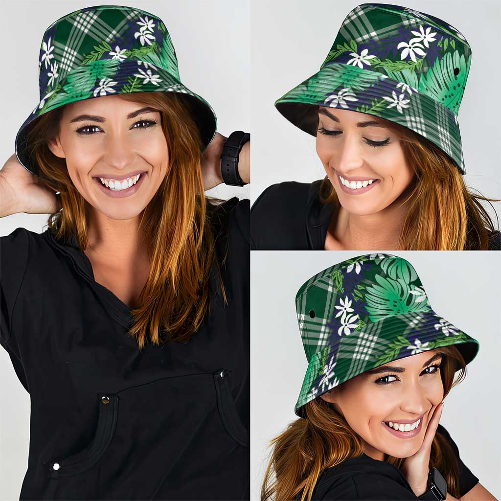 Polynesian Monstera Tiare Floral Bucket Hat Forest Green Tropical Plaid - Polynesian Pride