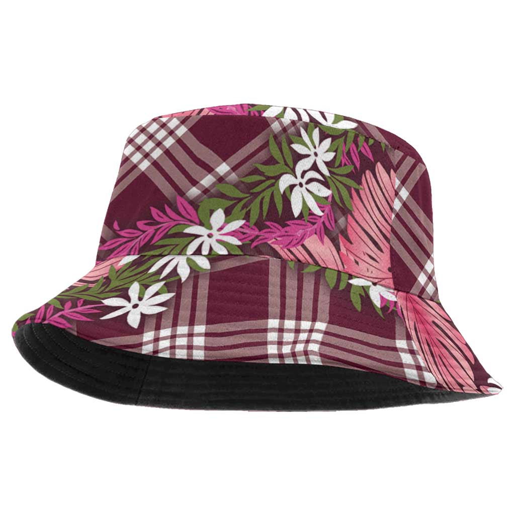 Polynesian Monstera Tiare Floral Bucket Hat Fuchsia Tropical Plaid - Polynesian Pride