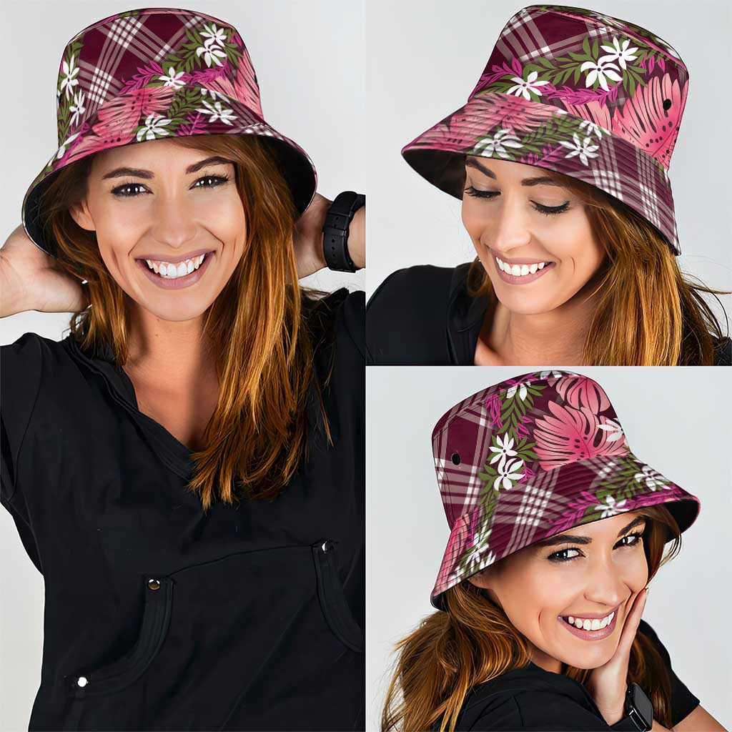 Polynesian Monstera Tiare Floral Bucket Hat Fuchsia Tropical Plaid - Polynesian Pride