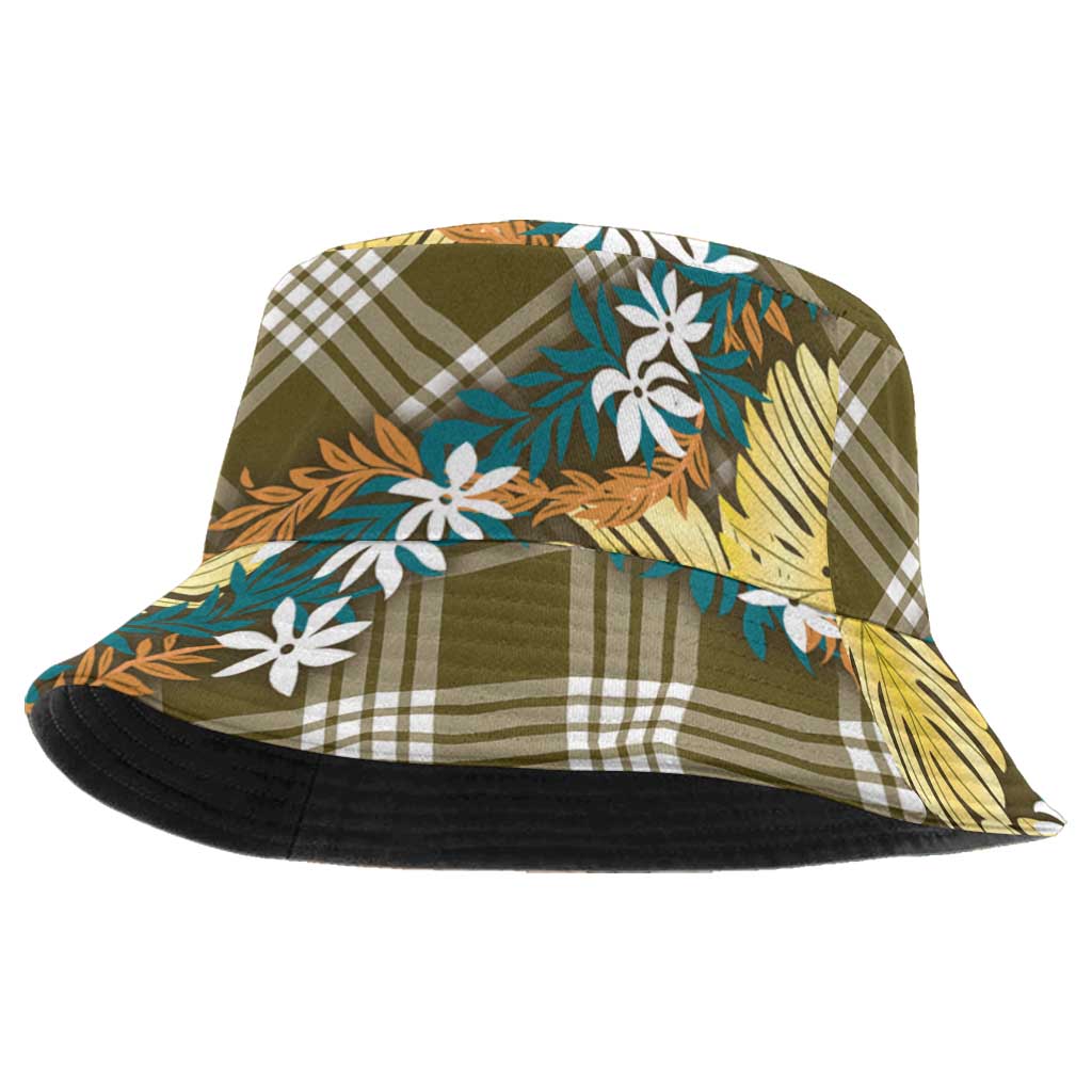 Polynesian Monstera Tiare Floral Bucket Hat Yellow Tropical Plaid - Polynesian Pride