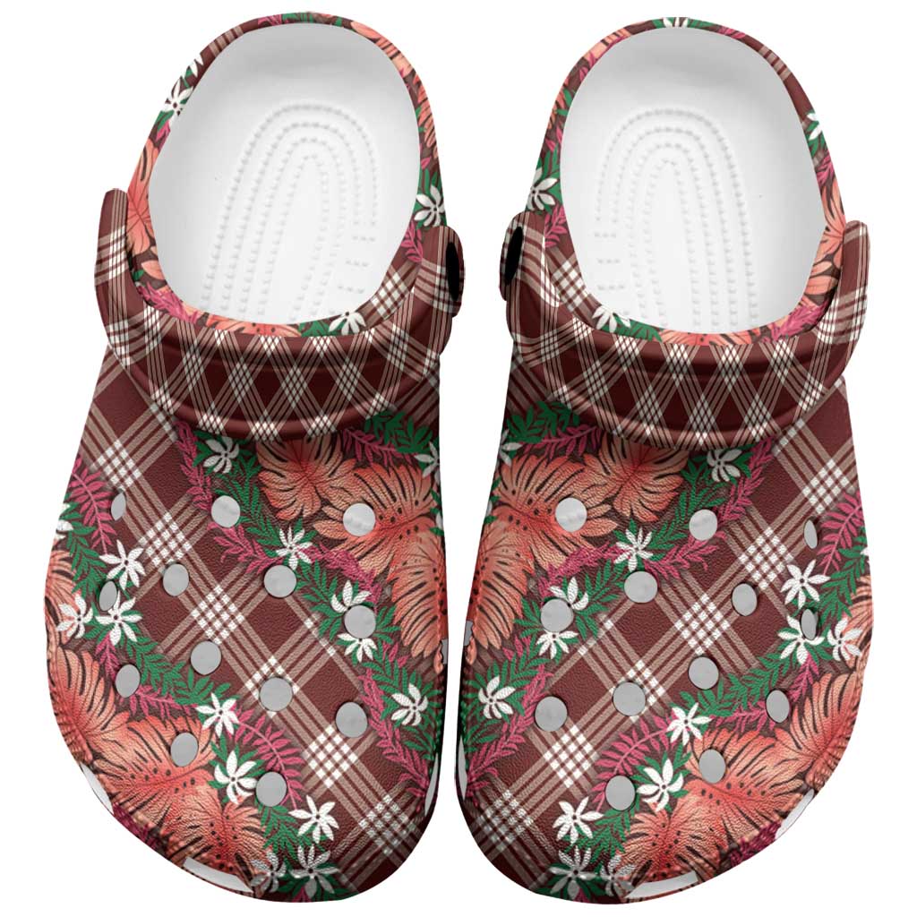 Polynesian Monstera Tiare Floral Clogs Shoes Burgundy Tropical Plaid - Polynesian Pride