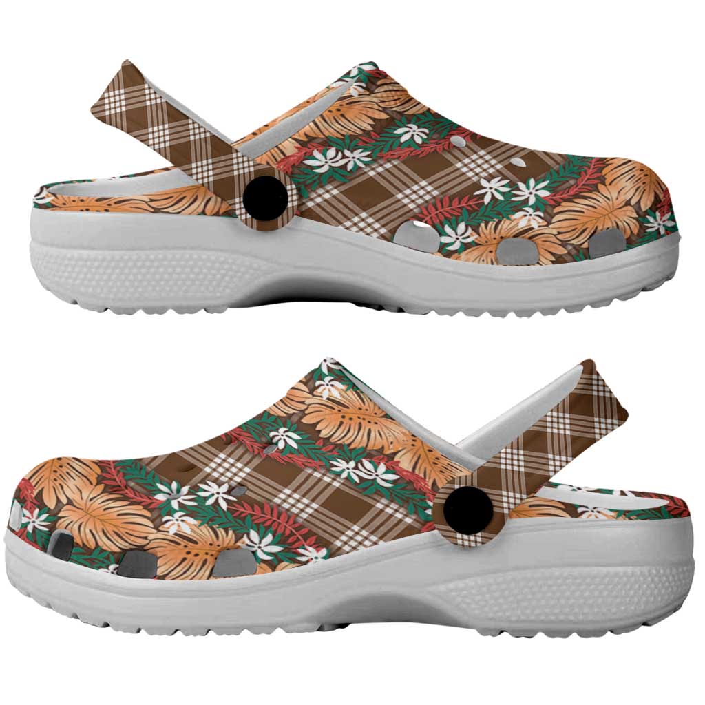 Polynesian Monstera Tiare Floral Clogs Shoes Chocolate Brown Tropical Plaid - Polynesian Pride