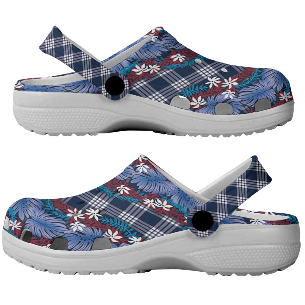 Polynesian Monstera Tiare Floral Clogs Shoes Royal Blue Tropical Plaid - Polynesian Pride