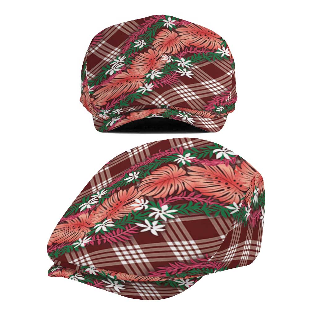 Polynesian Monstera Tiare Floral Jeff Hat Burgundy Tropical Plaid - Polynesian Pride