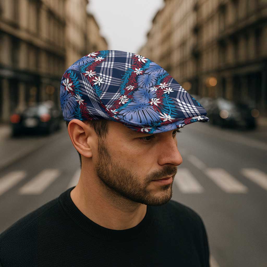 Polynesian Monstera Tiare Floral Jeff Hat Royal Blue Tropical Plaid - Polynesian Pride