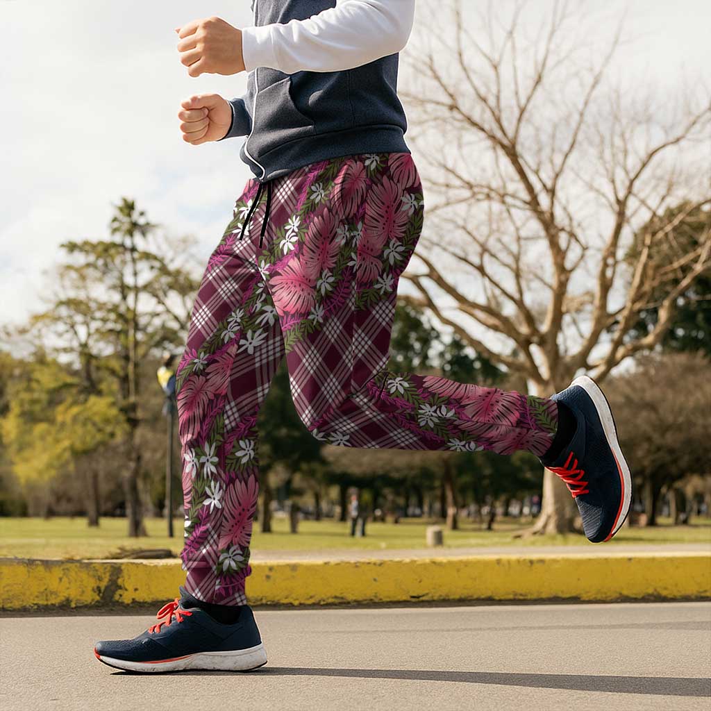 Polynesian Monstera Tiare Floral Jogger Pants Fuchsia Tropical Plaid - Polynesian Pride