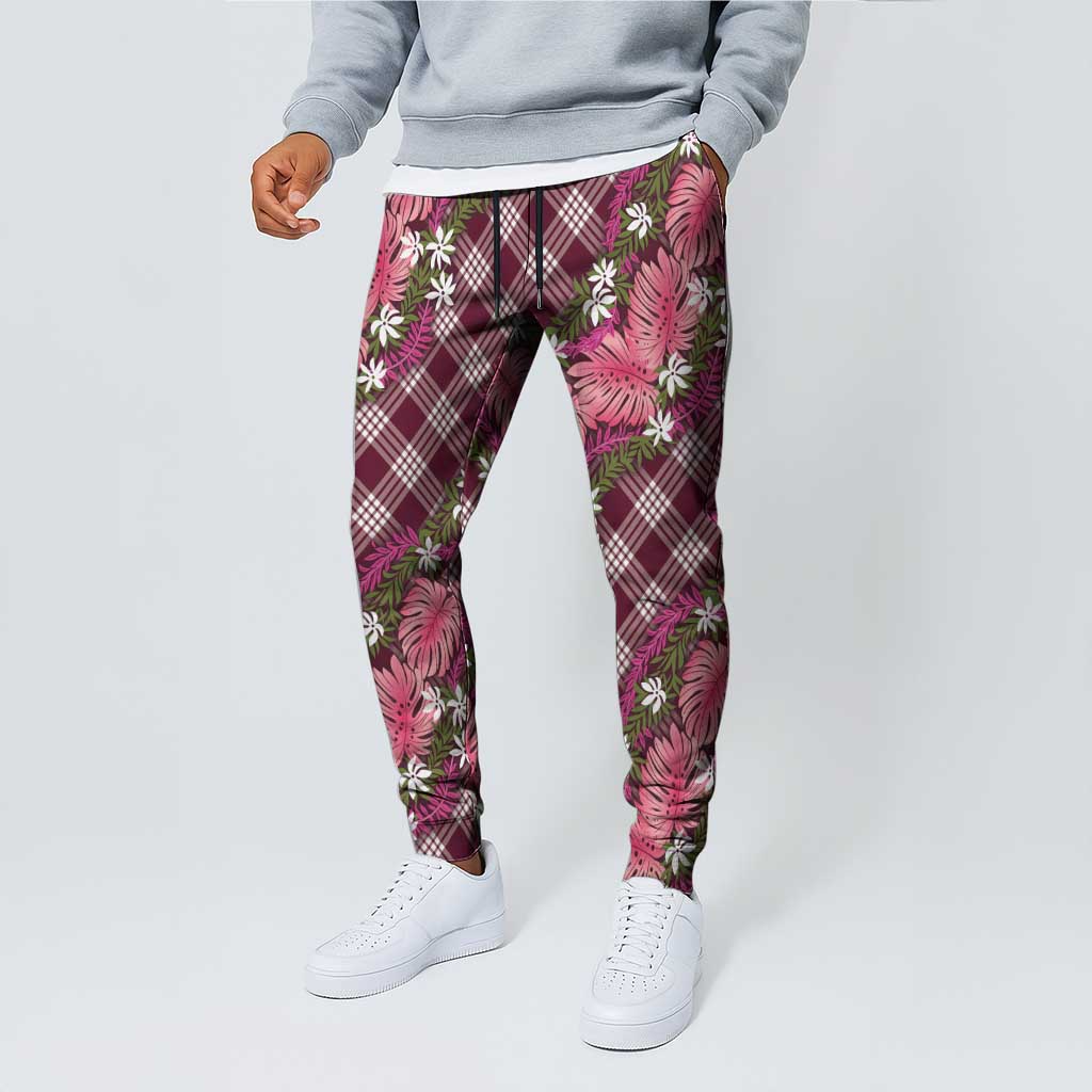 Polynesian Monstera Tiare Floral Jogger Pants Fuchsia Tropical Plaid - Polynesian Pride