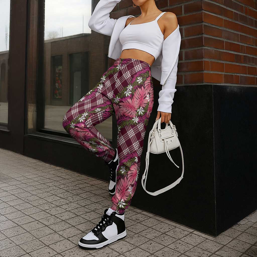 Polynesian Monstera Tiare Floral Jogger Pants Fuchsia Tropical Plaid - Polynesian Pride