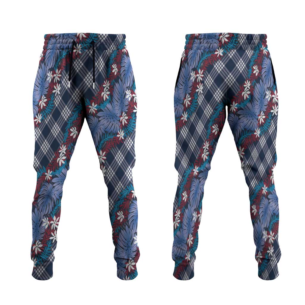 Polynesian Monstera Tiare Floral Jogger Pants Royal Blue Tropical Plaid - Polynesian Pride