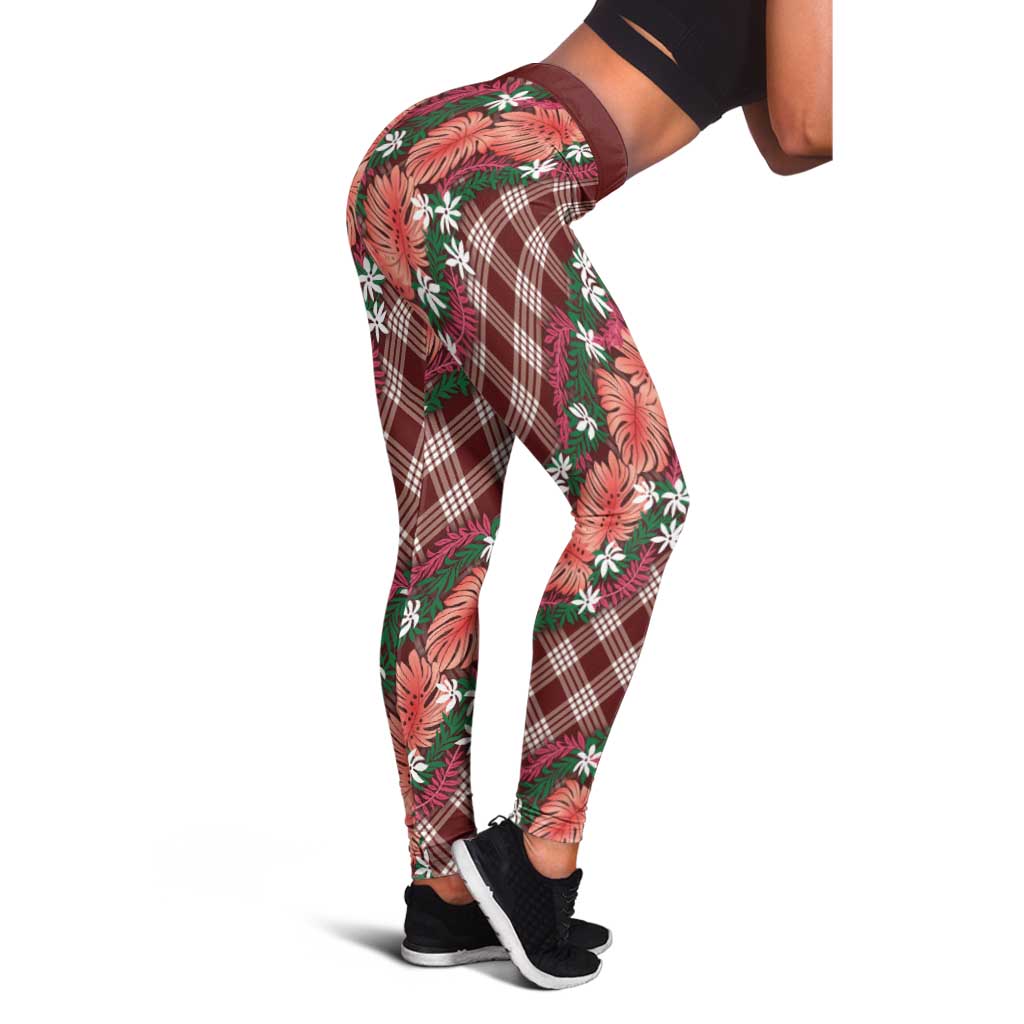 Polynesian Monstera Tiare Floral Leggings Burgundy Tropical Plaid - Polynesian Pride