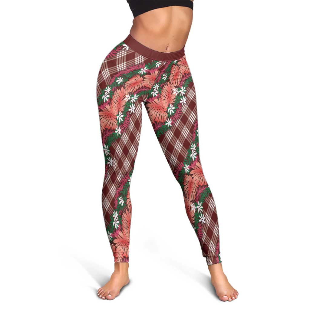 Polynesian Monstera Tiare Floral Leggings Burgundy Tropical Plaid - Polynesian Pride