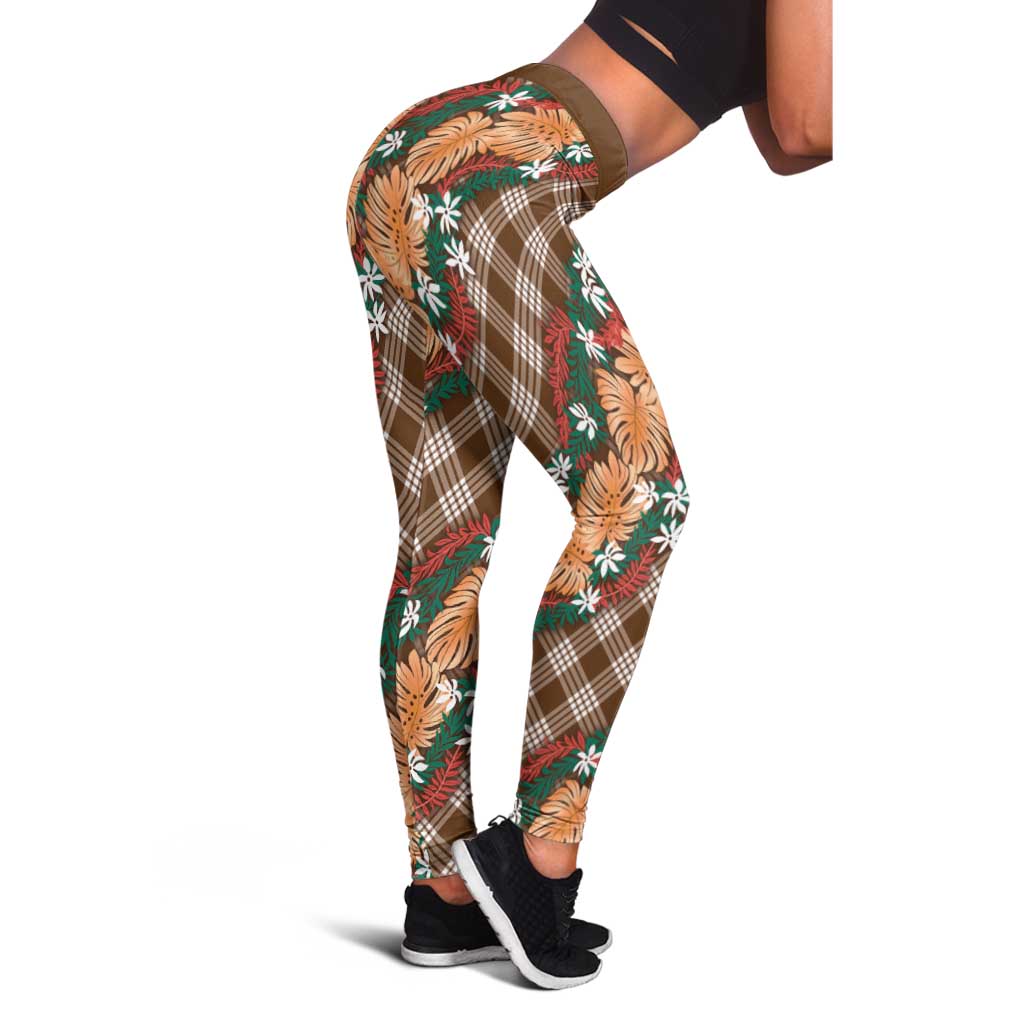 Polynesian Monstera Tiare Floral Leggings Chocolate Brown Tropical Plaid - Polynesian Pride