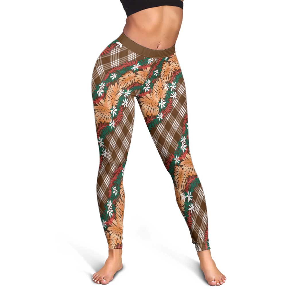 Polynesian Monstera Tiare Floral Leggings Chocolate Brown Tropical Plaid - Polynesian Pride