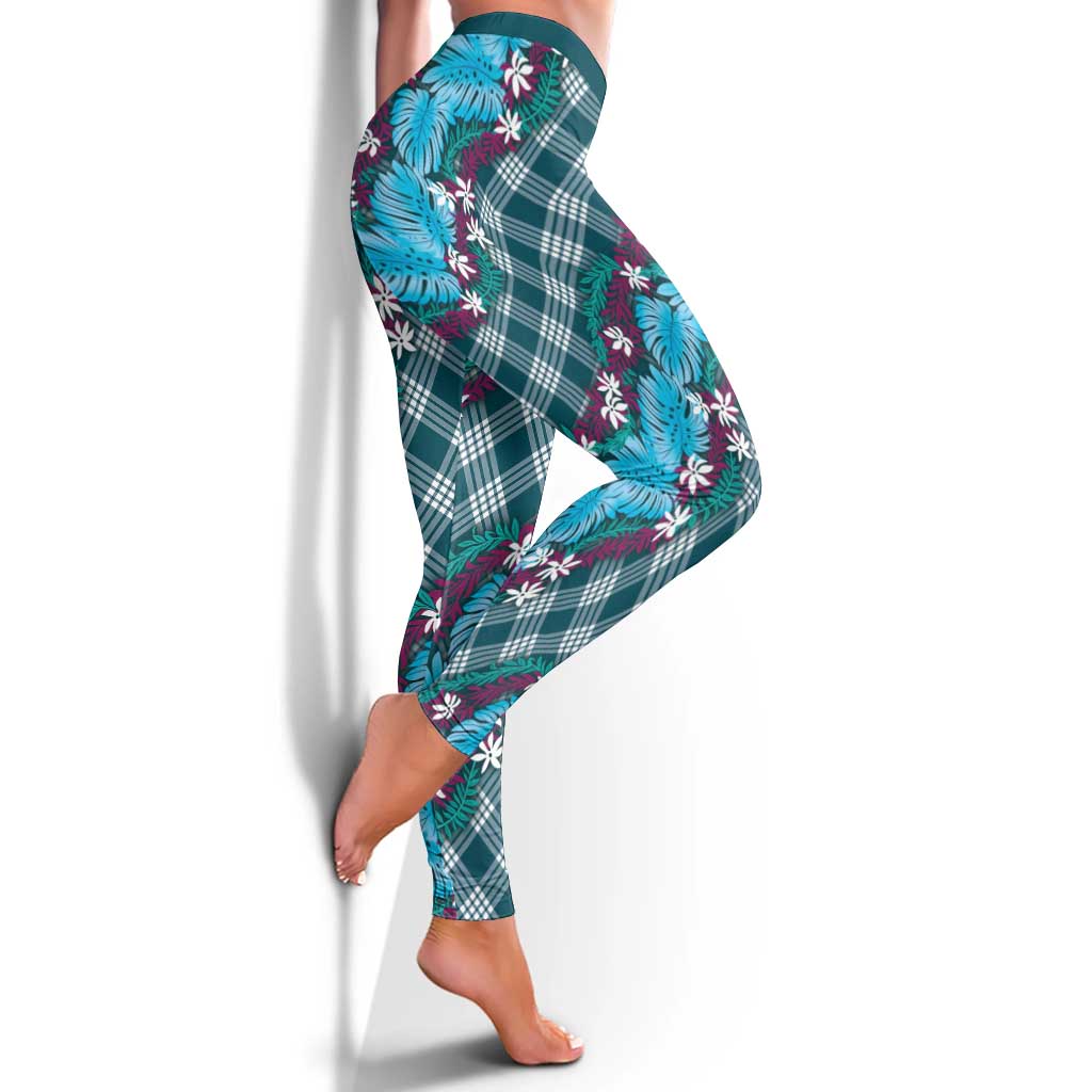 Polynesian Monstera Tiare Floral Leggings Dark Teal Tropical Plaid - Polynesian Pride