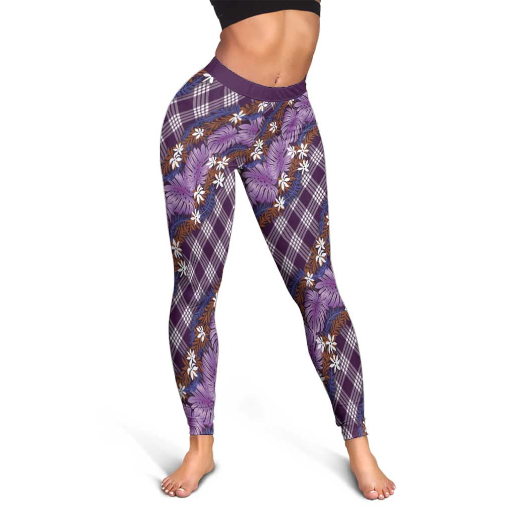 Polynesian Monstera Tiare Floral Leggings Lavender Tropical Plaid - Polynesian Pride