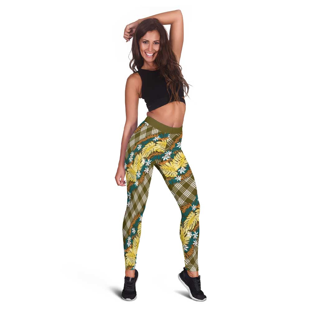 Polynesian Monstera Tiare Floral Leggings Yellow Tropical Plaid - Polynesian Pride