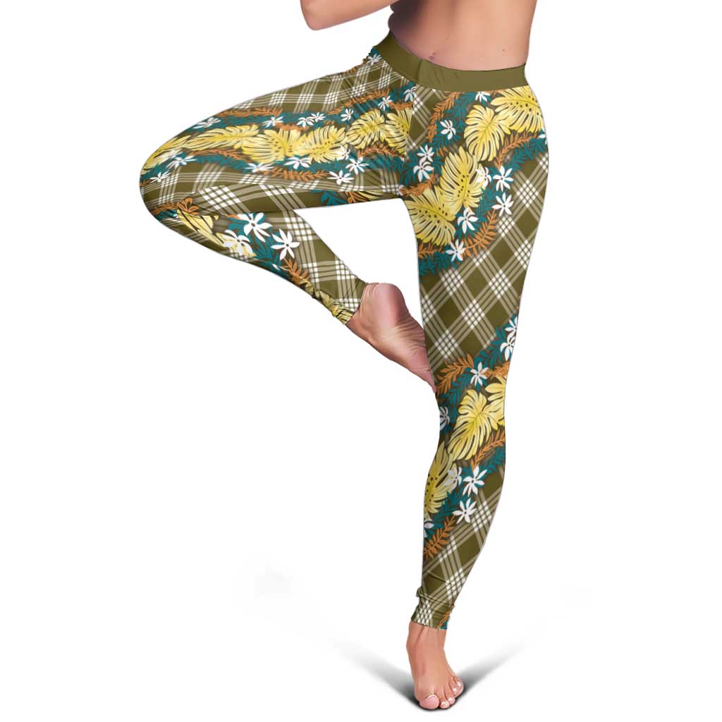 Polynesian Monstera Tiare Floral Leggings Yellow Tropical Plaid - Polynesian Pride