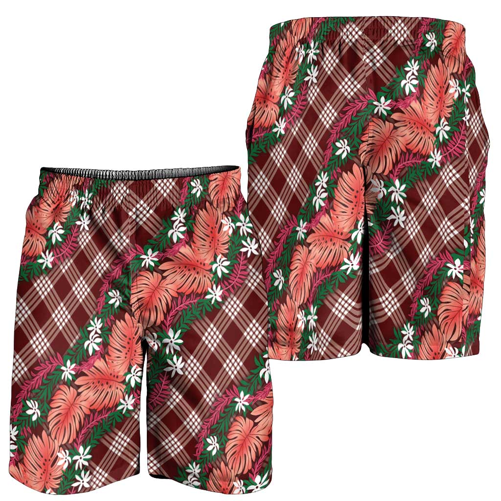 Polynesian Monstera Tiare Floral Shorts for Men Burgundy Tropical Plaid - Polynesian Pride