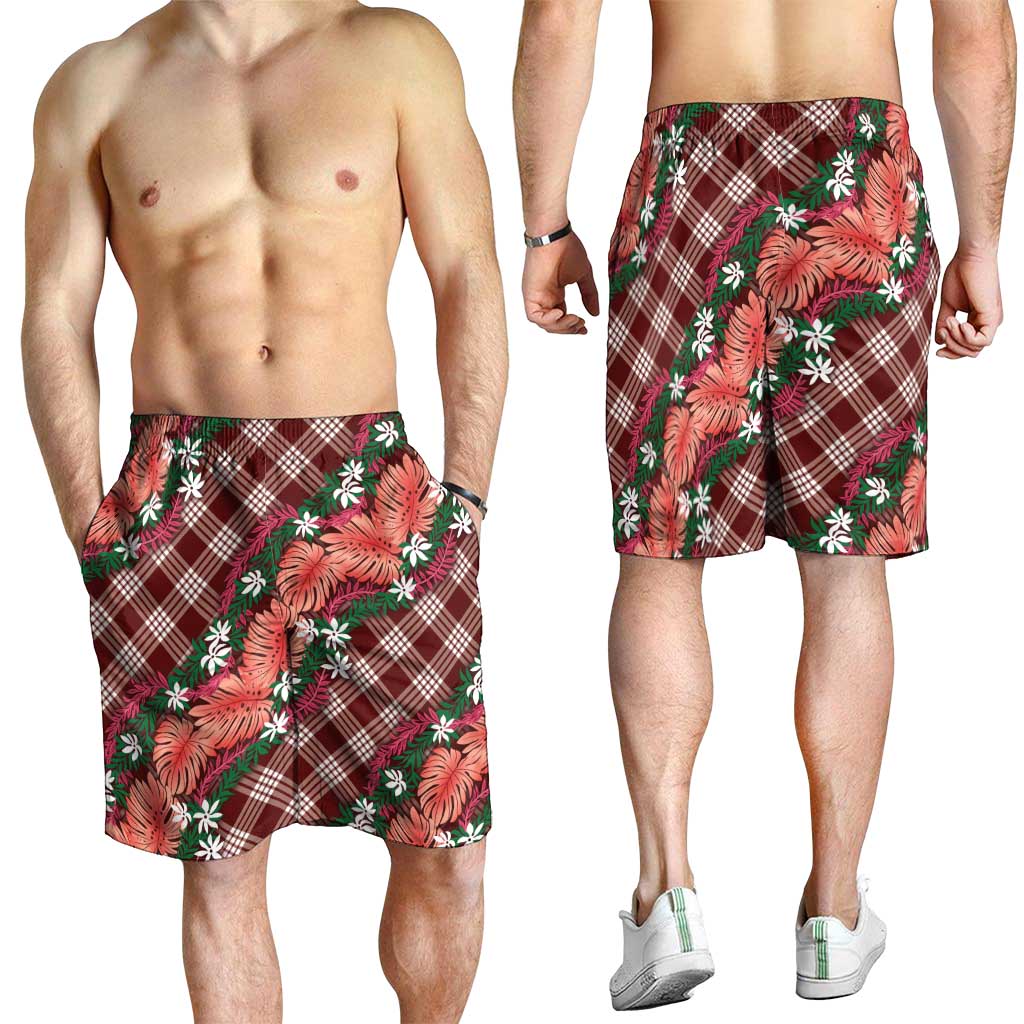 Polynesian Monstera Tiare Floral Shorts for Men Burgundy Tropical Plaid - Polynesian Pride