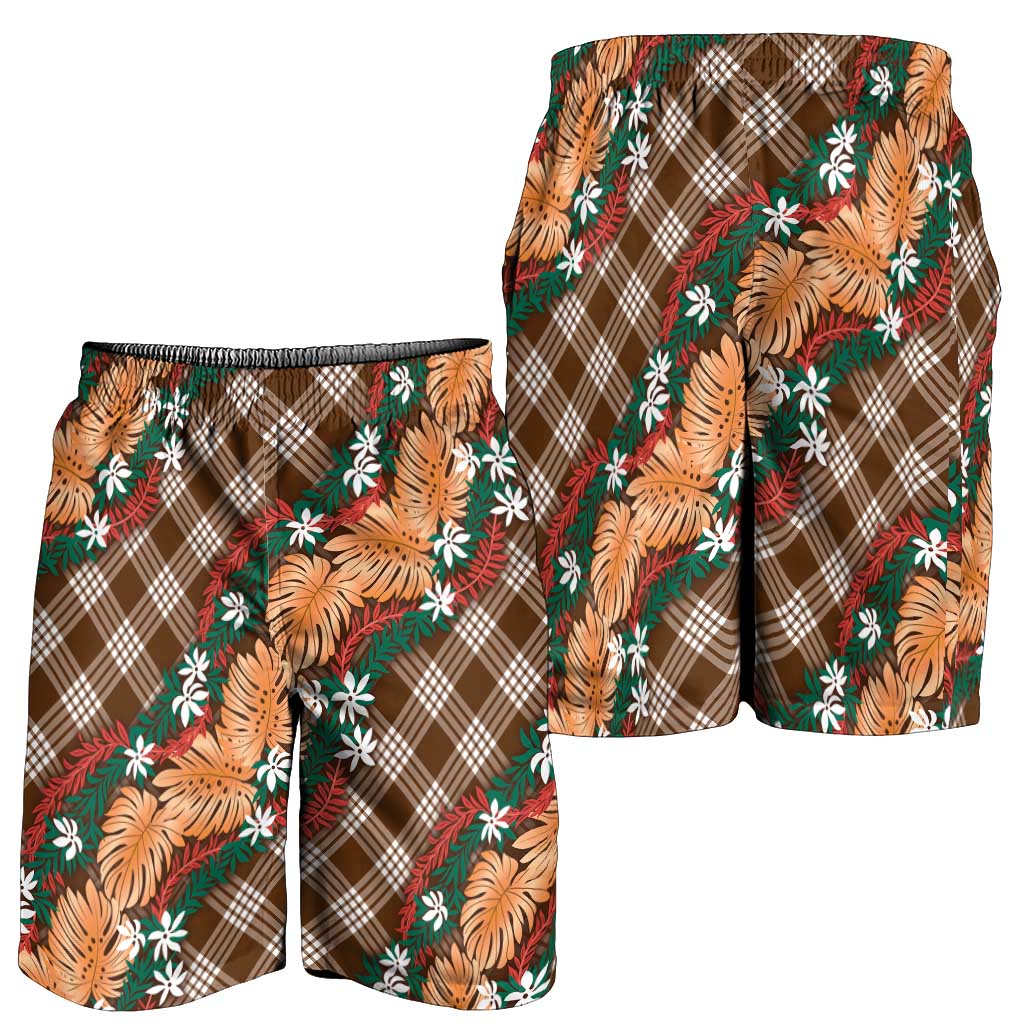 Polynesian Monstera Tiare Floral Shorts for Men Chocolate Brown Tropical Plaid - Polynesian Pride