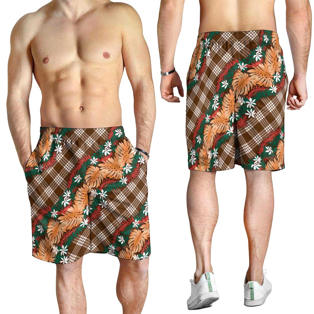 Polynesian Monstera Tiare Floral Shorts for Men Chocolate Brown Tropical Plaid - Polynesian Pride