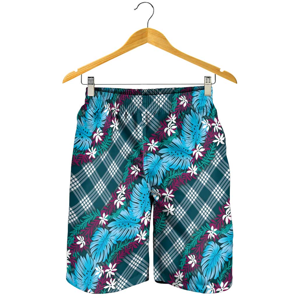 Polynesian Monstera Tiare Floral Shorts for Men Dark Teal Tropical Plaid - Polynesian Pride