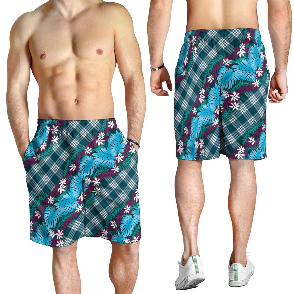 Polynesian Monstera Tiare Floral Shorts for Men Dark Teal Tropical Plaid - Polynesian Pride