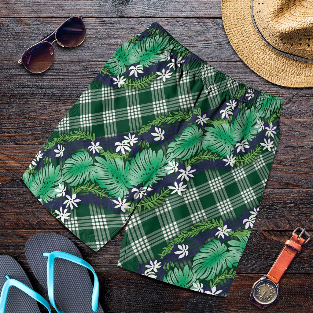 Polynesian Monstera Tiare Floral Shorts for Men Forest Green Tropical Plaid - Polynesian Pride