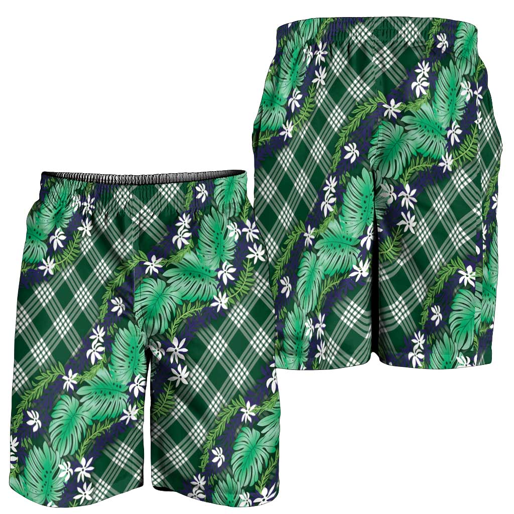 Polynesian Monstera Tiare Floral Shorts for Men Forest Green Tropical Plaid - Polynesian Pride