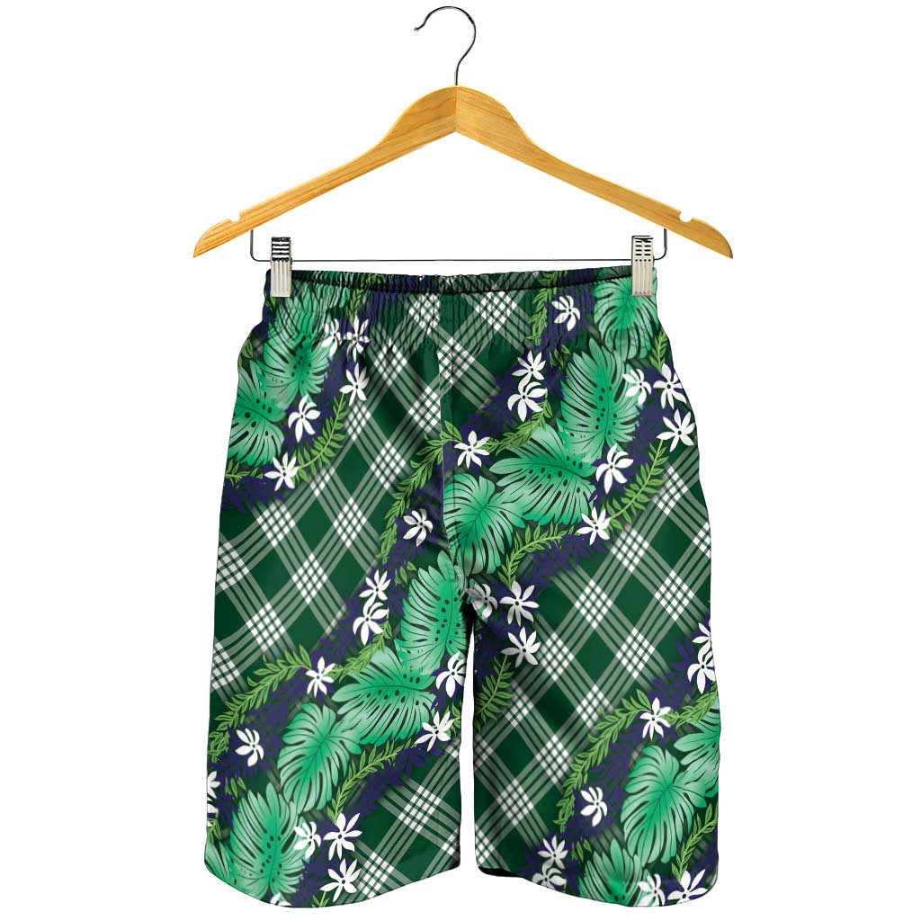 Polynesian Monstera Tiare Floral Shorts for Men Forest Green Tropical Plaid - Polynesian Pride